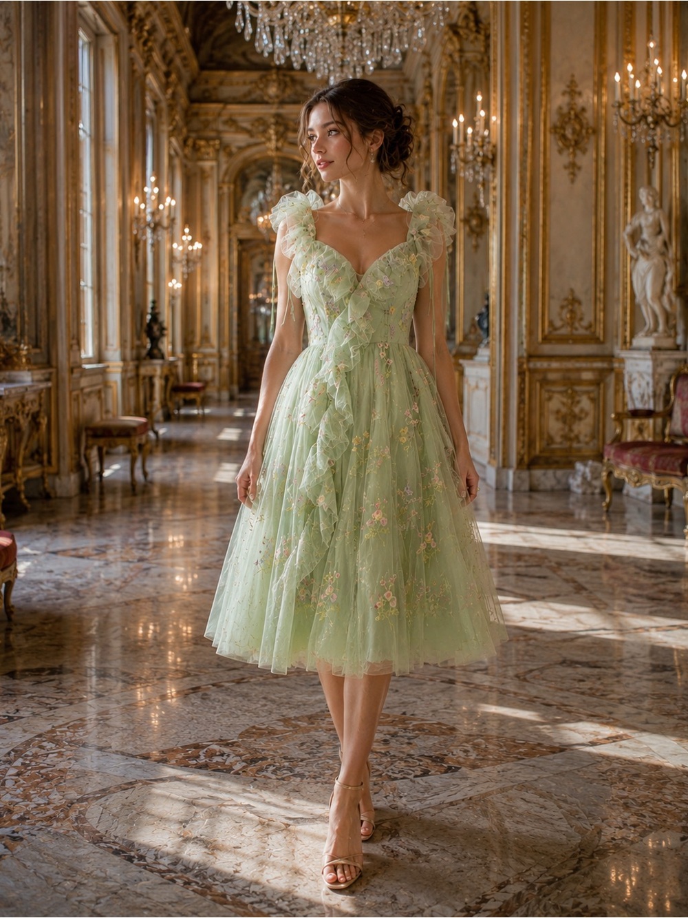 Mint Green Floral Embroidered Tulle Dress| Size XS